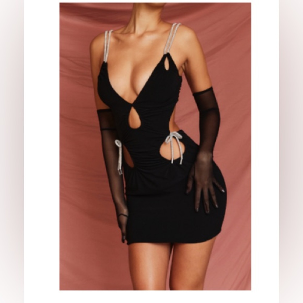 House of CB- VALERIE- Black Crystal Trim Cutout Mini Dress